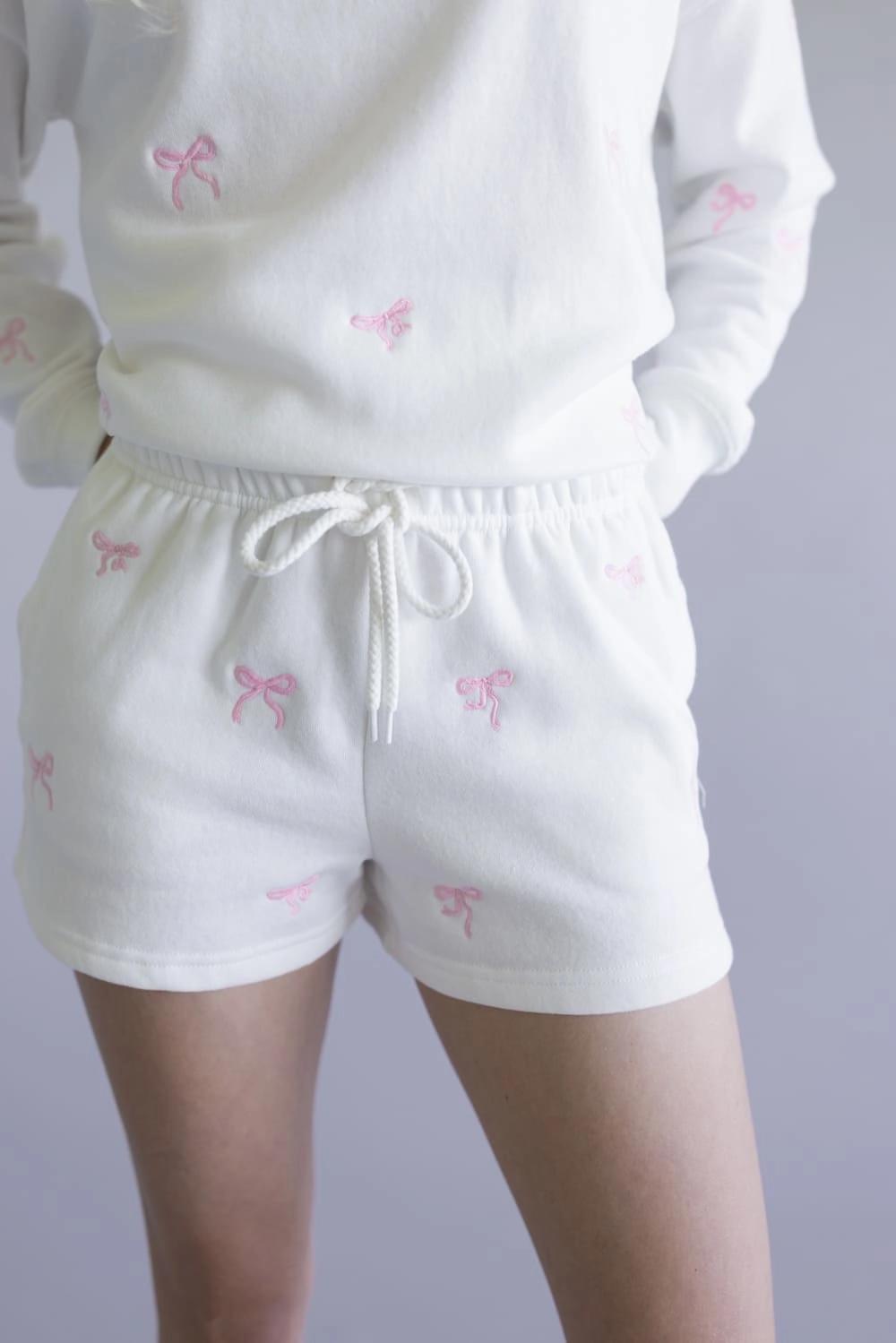 1897 Active Embroidered Bow Fleece Shorts for Women in Ivory | H017-IVORY Durable Weave Non Restrictive Movement