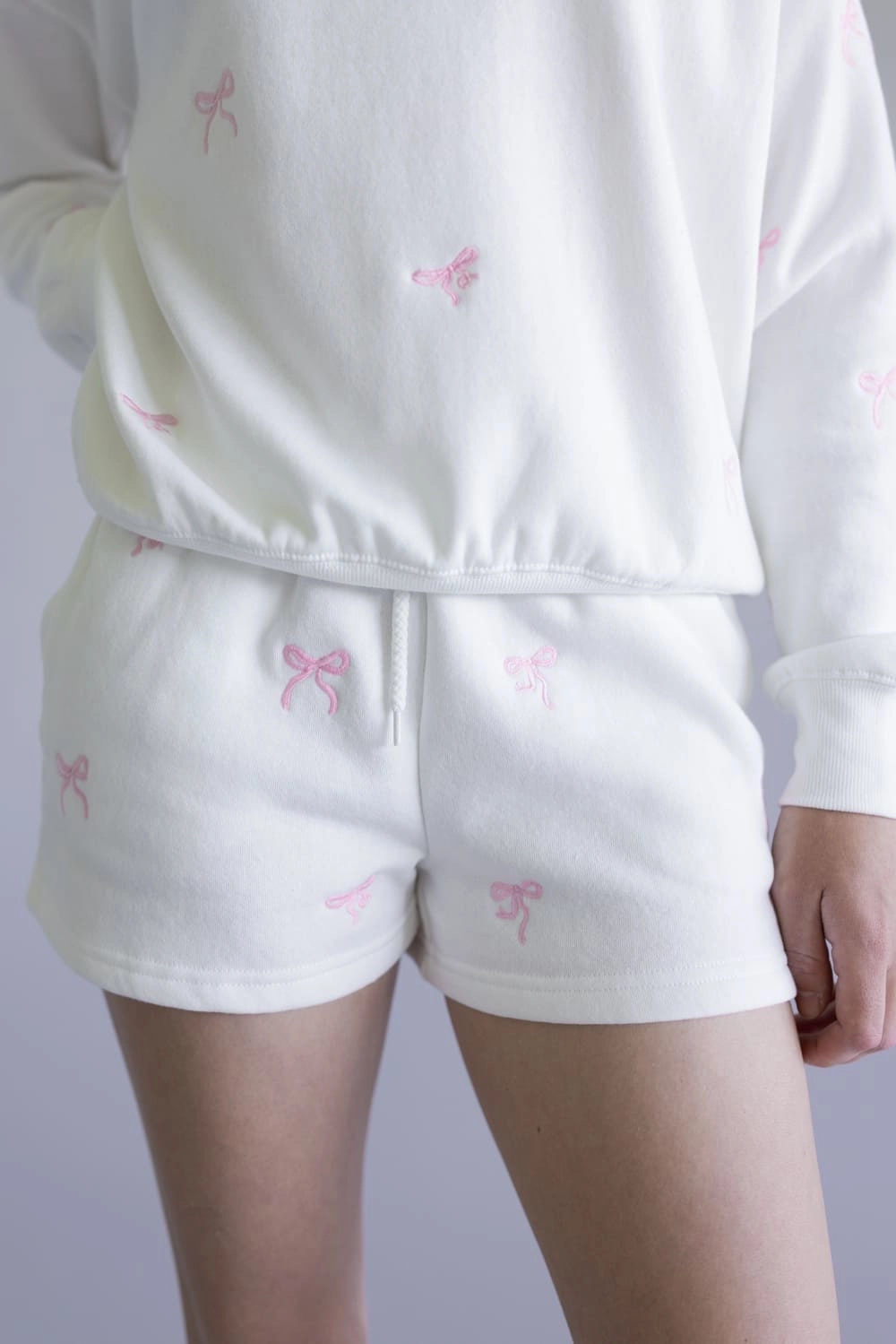 1897 Active Embroidered Bow Fleece Shorts for Women in Ivory | H017-IVORY ethnic style