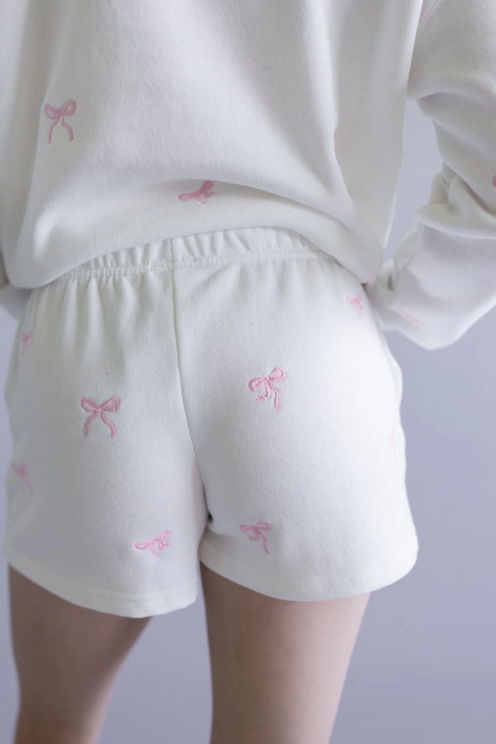 Reflective Trim Detail Active Design 1897 Active Embroidered Bow Fleece Shorts for Women in Ivory | H017-IVORY