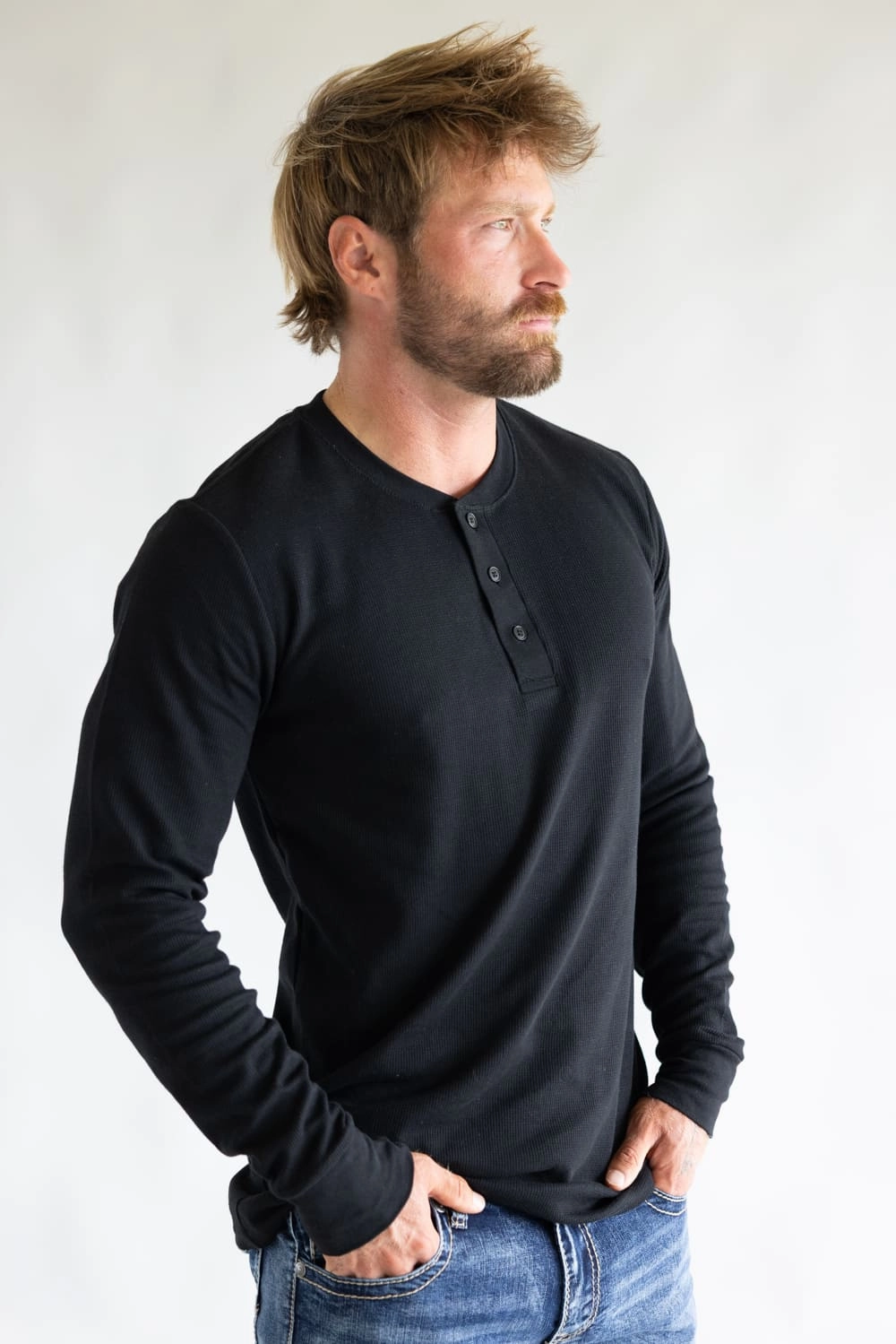 1897 Original Solid Henley Thermal Long Sleeve Shirt for Men in Black | DLST046-BLACK Anti-pilling Comfortable Wear