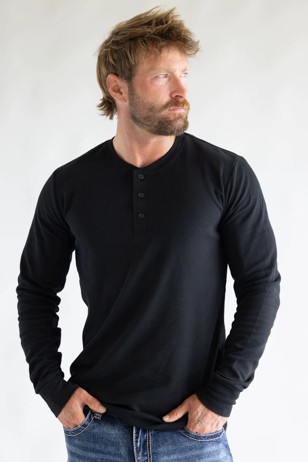 1897 Original Solid Henley Thermal Long Sleeve Shirt for Men in Black | DLST046-BLACK dry cleanable