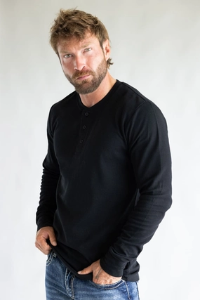 Cozy Vibe Wear elastic waistband 1897 Original Solid Henley Thermal Long Sleeve Shirt for Men in Black | DLST046-BLACK