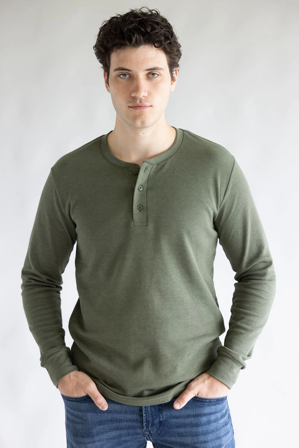 Effortless Layer Eco Friendly Fabric 1897 Original Solid Henley Thermal Long Sleeve Shirt for Men in Green | DLST046-OLIVE