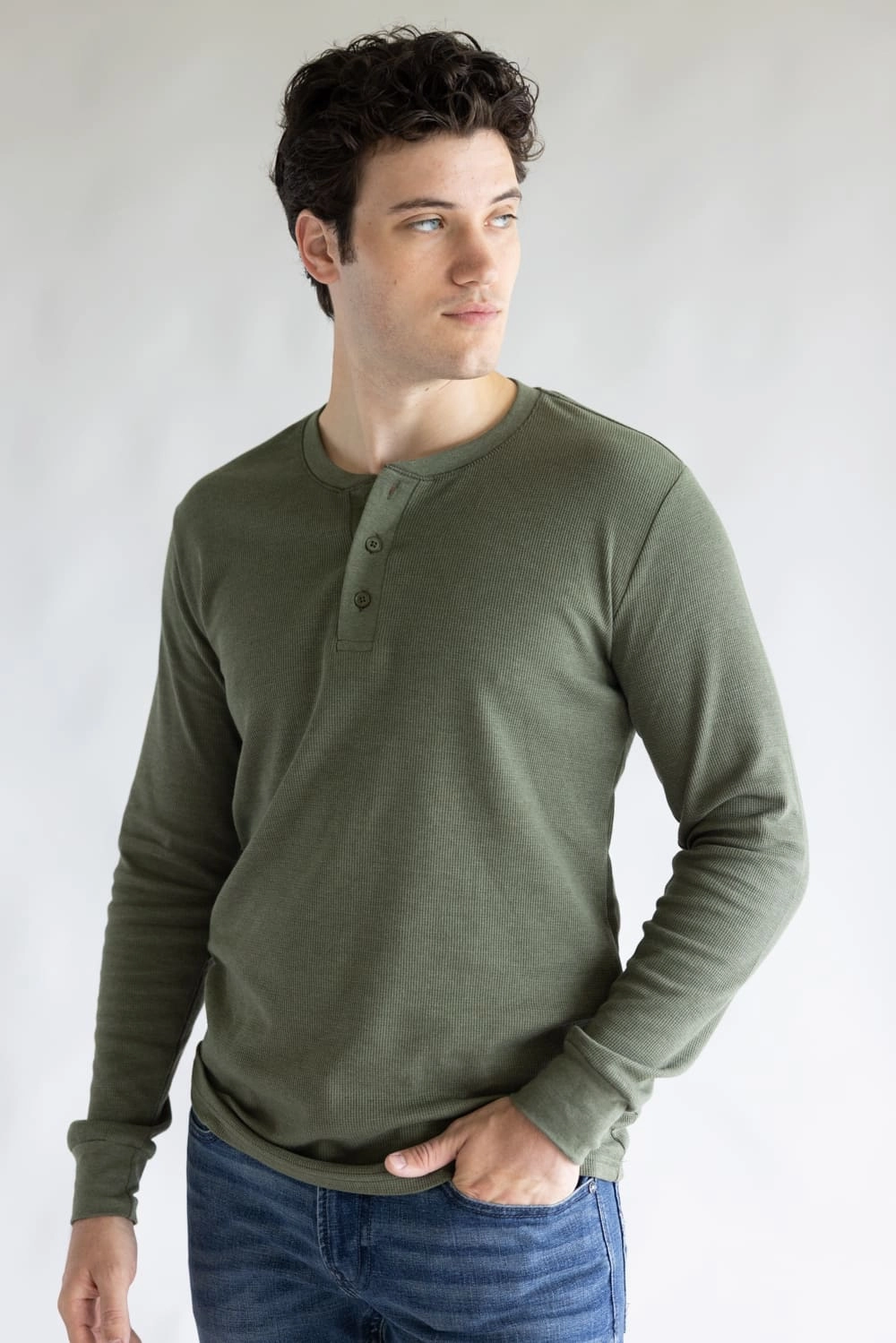 1897 Original Solid Henley Thermal Long Sleeve Shirt for Men in Green | DLST046-OLIVE Lightweight Design Breathable Comfort Wear
