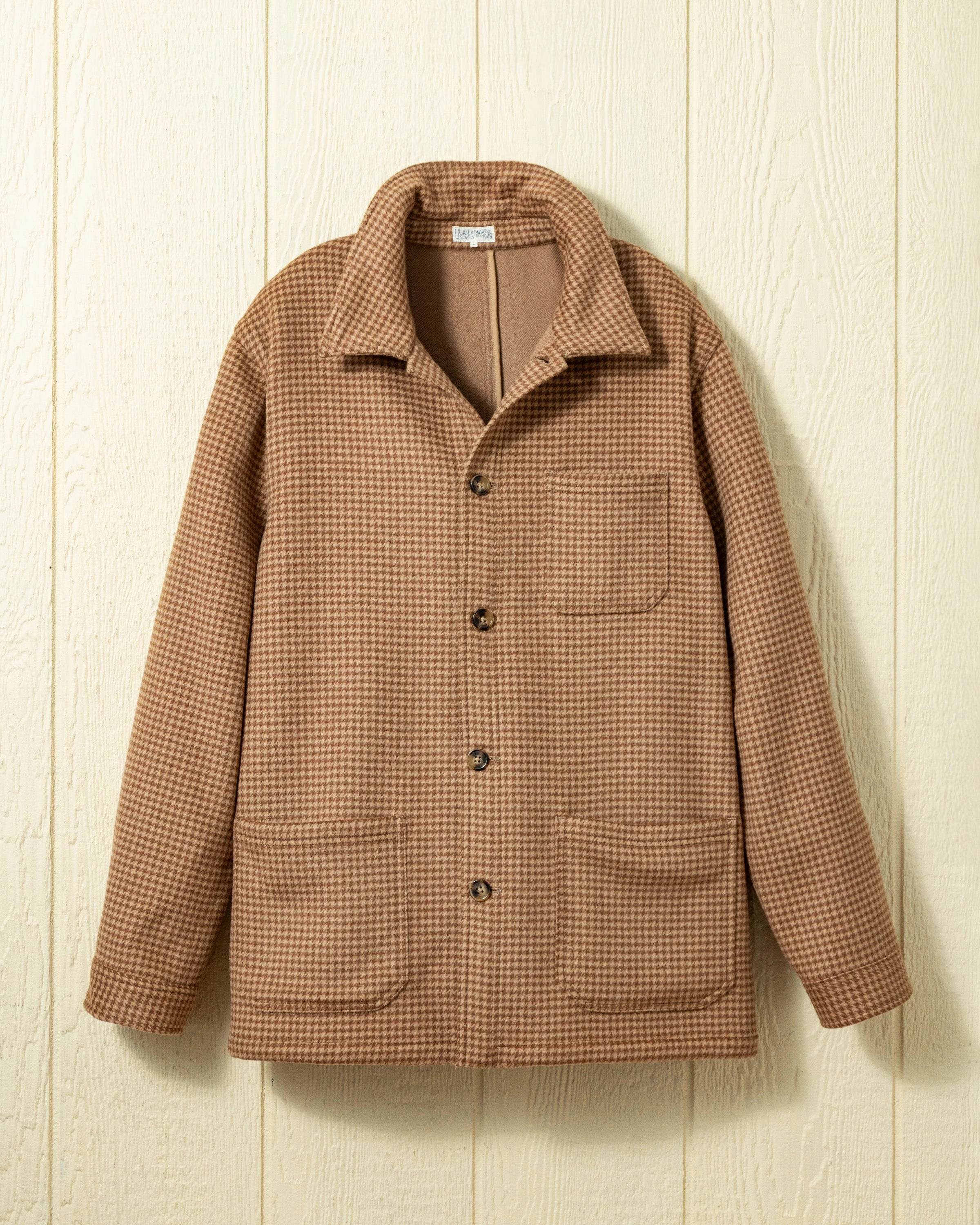 (PRE-ORDER) Double Face Wool French Workman's Jacket in Camel Houndstooth Packable design Smooth Flat Collar