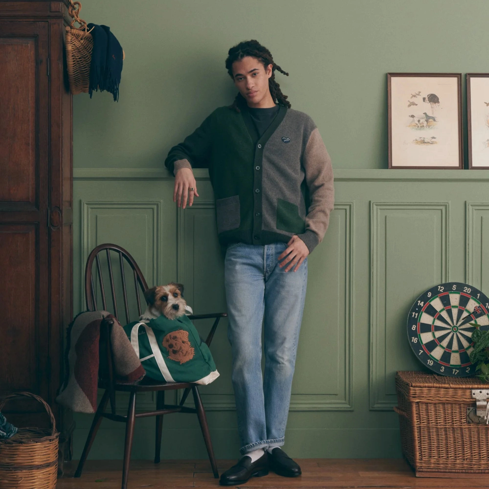 "Patch Coeur" Balfournier Wool Cardigan (Sesame Beige CB) Casual Draping Dimensional Stability