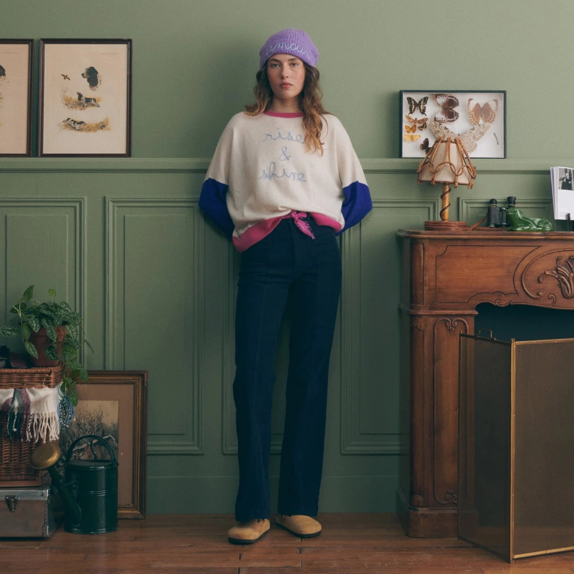 "Rise and Shine" Buzelin Cashmere Sweater (Ivory Flag Blue CB) Fray Resistant Edges