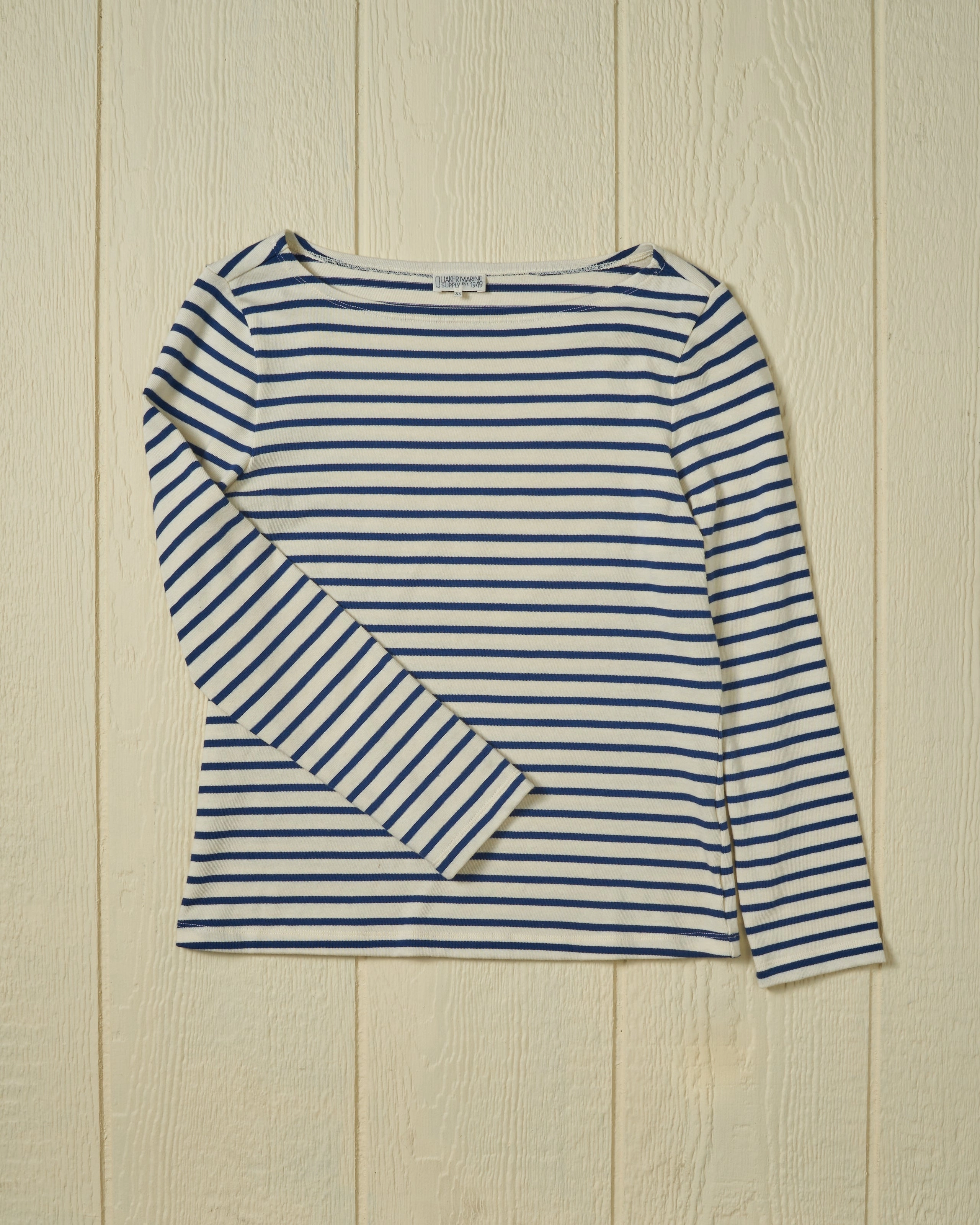Women??s Breton Stripe Boatneck Tee in Off White/Atlantic Blue ContrastTipping Natural Fiber Blend