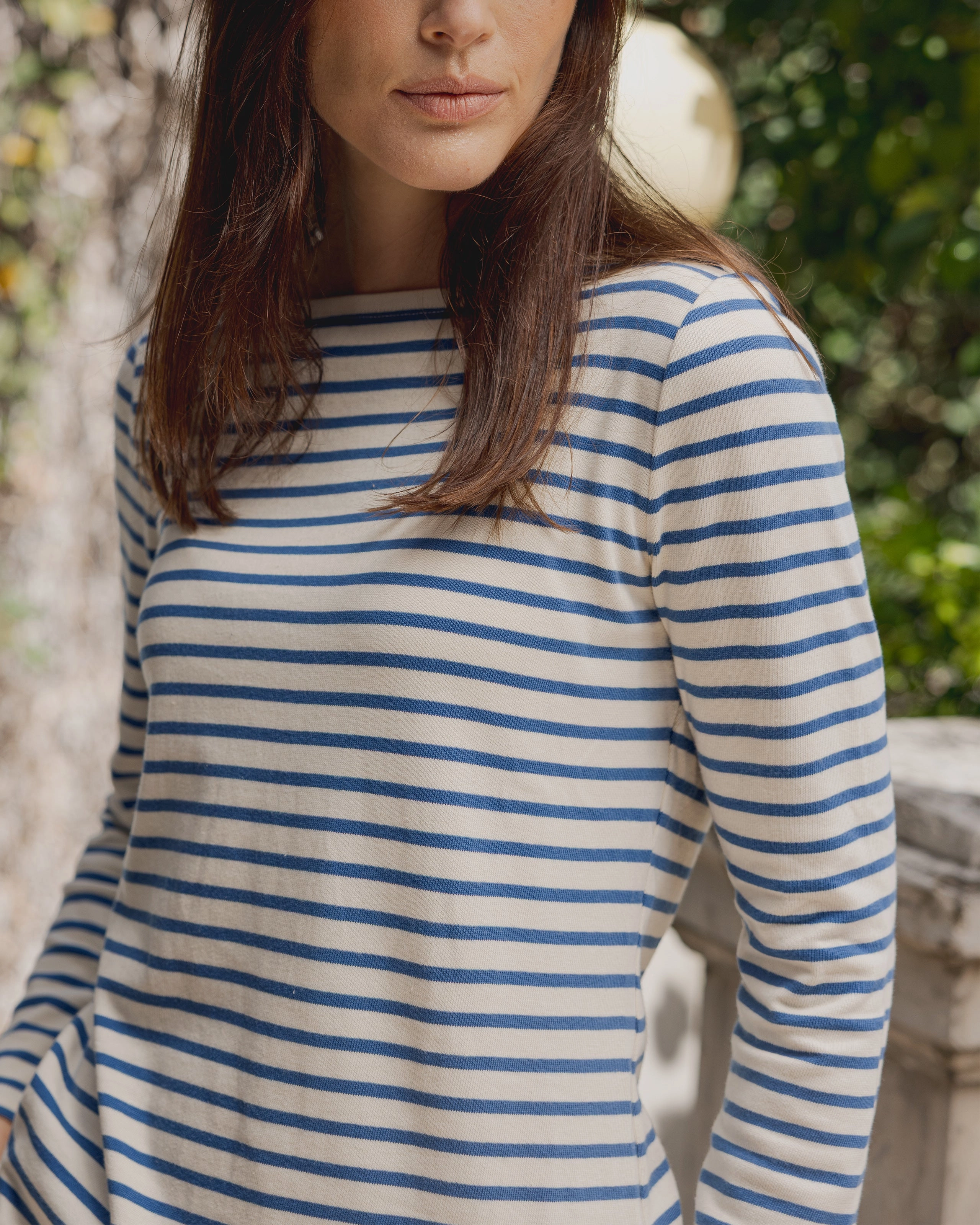 Women??s Breton Stripe Boatneck Tee in Off White/Atlantic Blue CrossBackDesign
