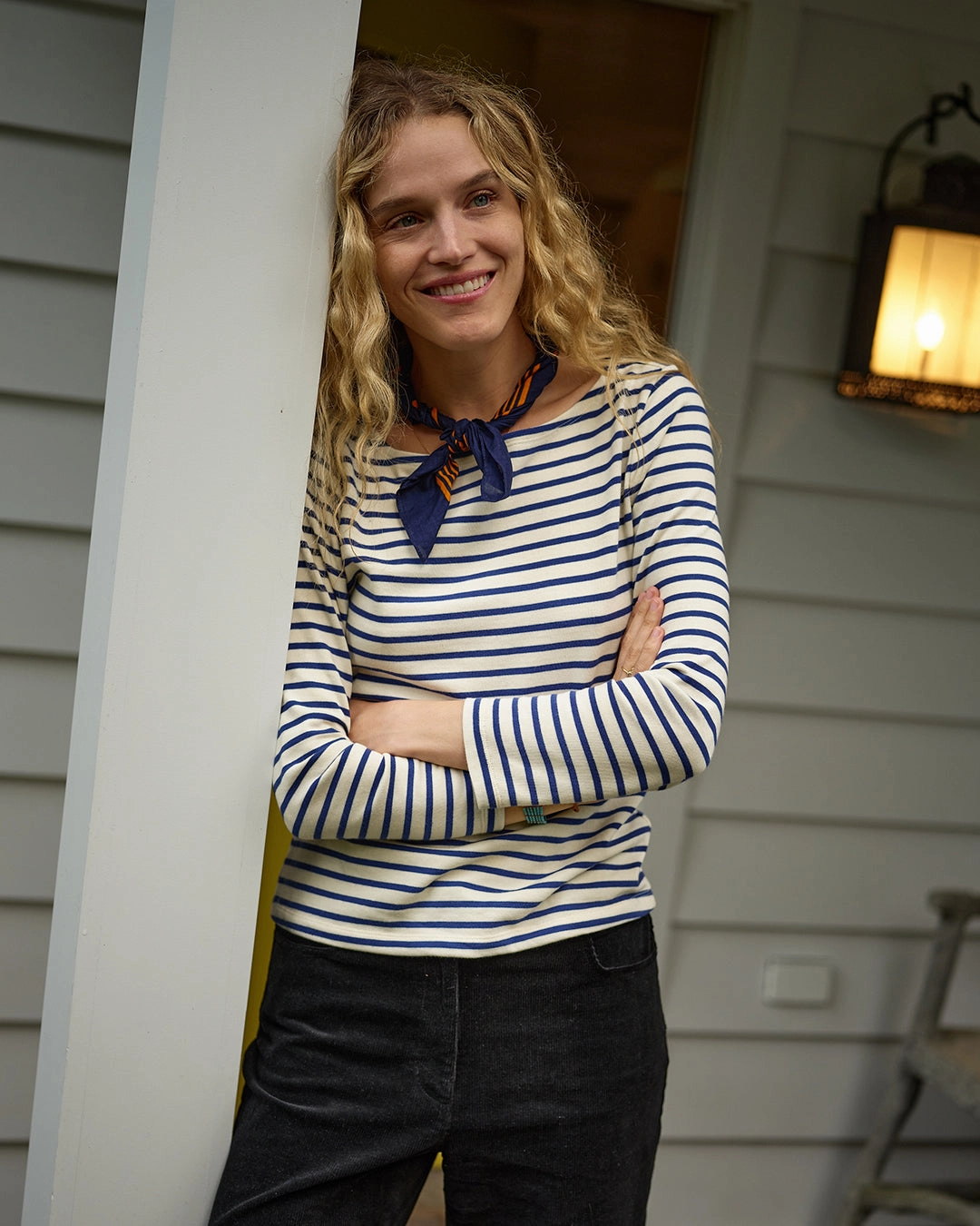 Women??s Breton Stripe Boatneck Tee in Off White/Atlantic Blue Quick-Dry Fabric