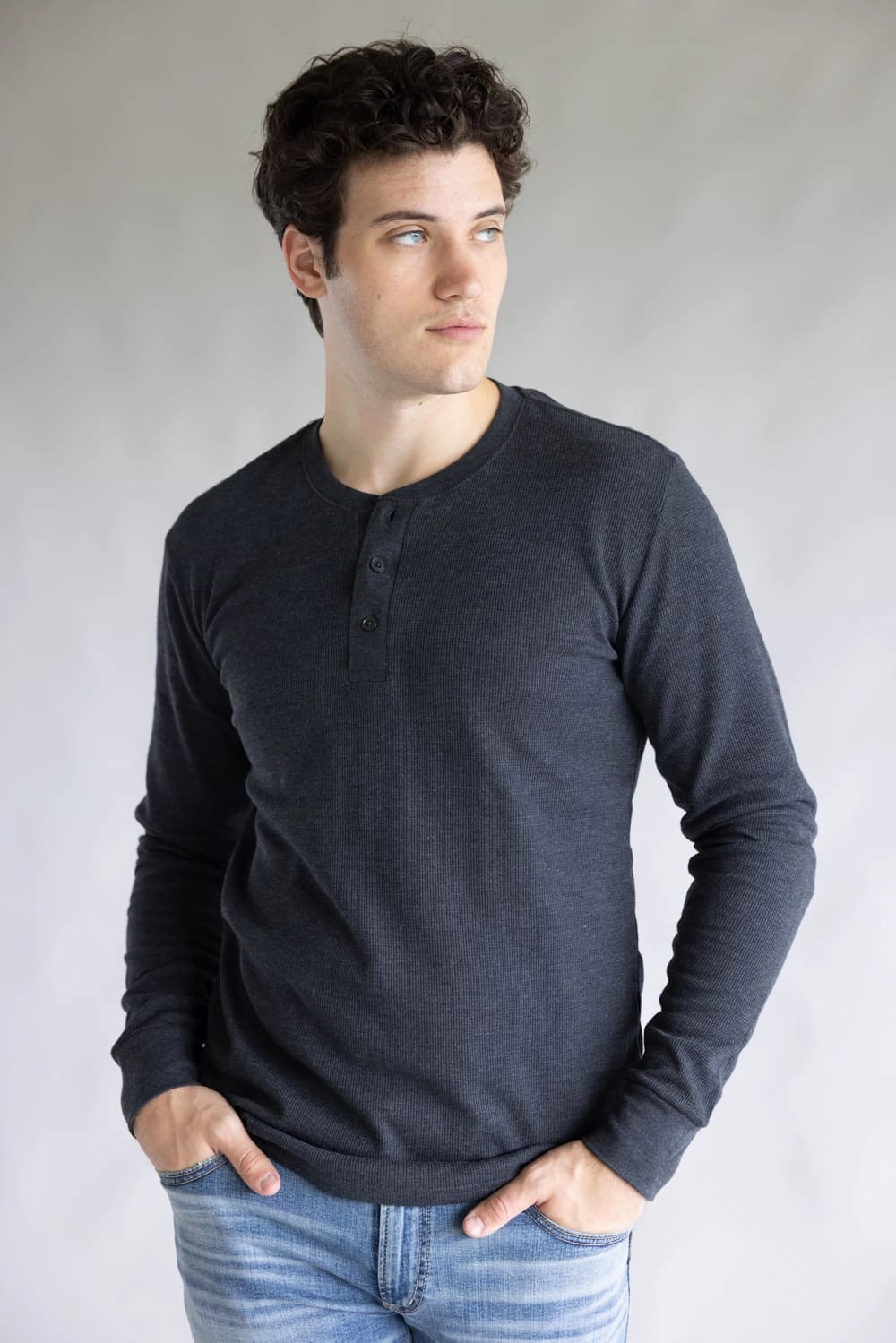 Active Wear Fit Autumn coziness 1897 Original Solid Henley Thermal Long Sleeve Shirt for Men in Charcoal | DLST046-CHARCOAL