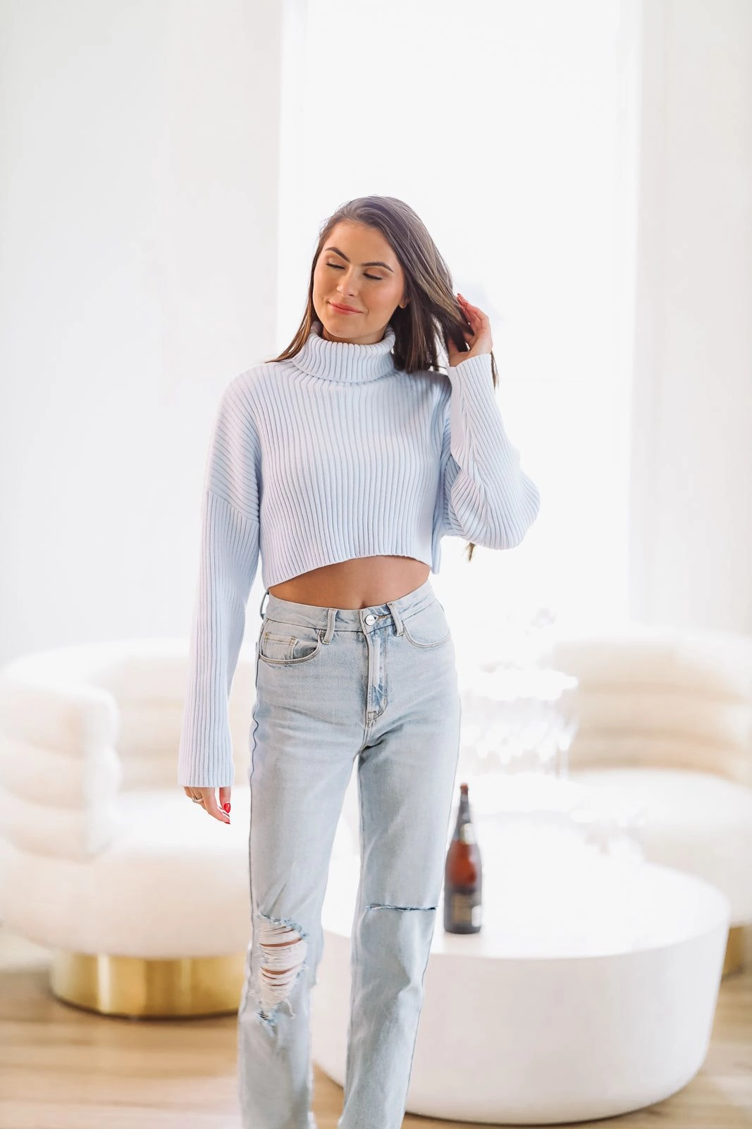 Flexible Ribbing Oh So Soft Crop Knit Sweater - Light Blue