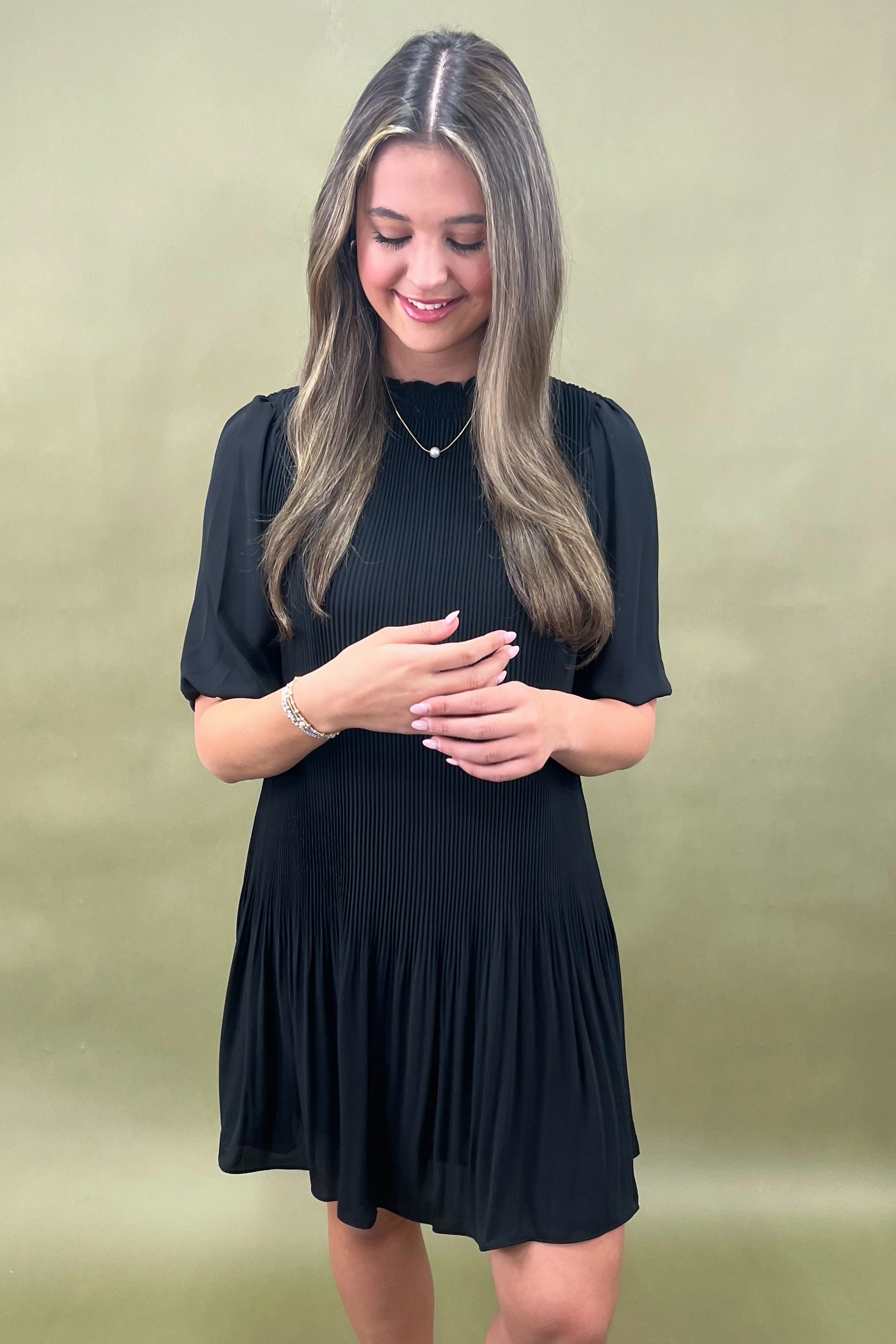 After Hours Pleated Mini Dress Soft color Smart Lines