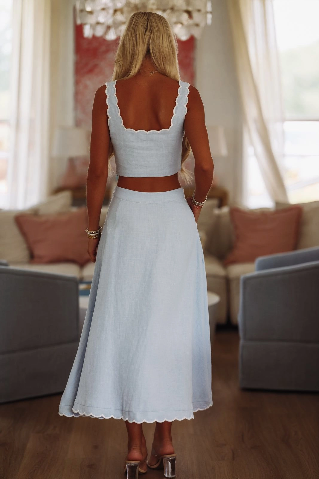 Pacific Jewel Crop Top and Midi Skirt Set - Blue SublimatedPrint Raw Edge Finish