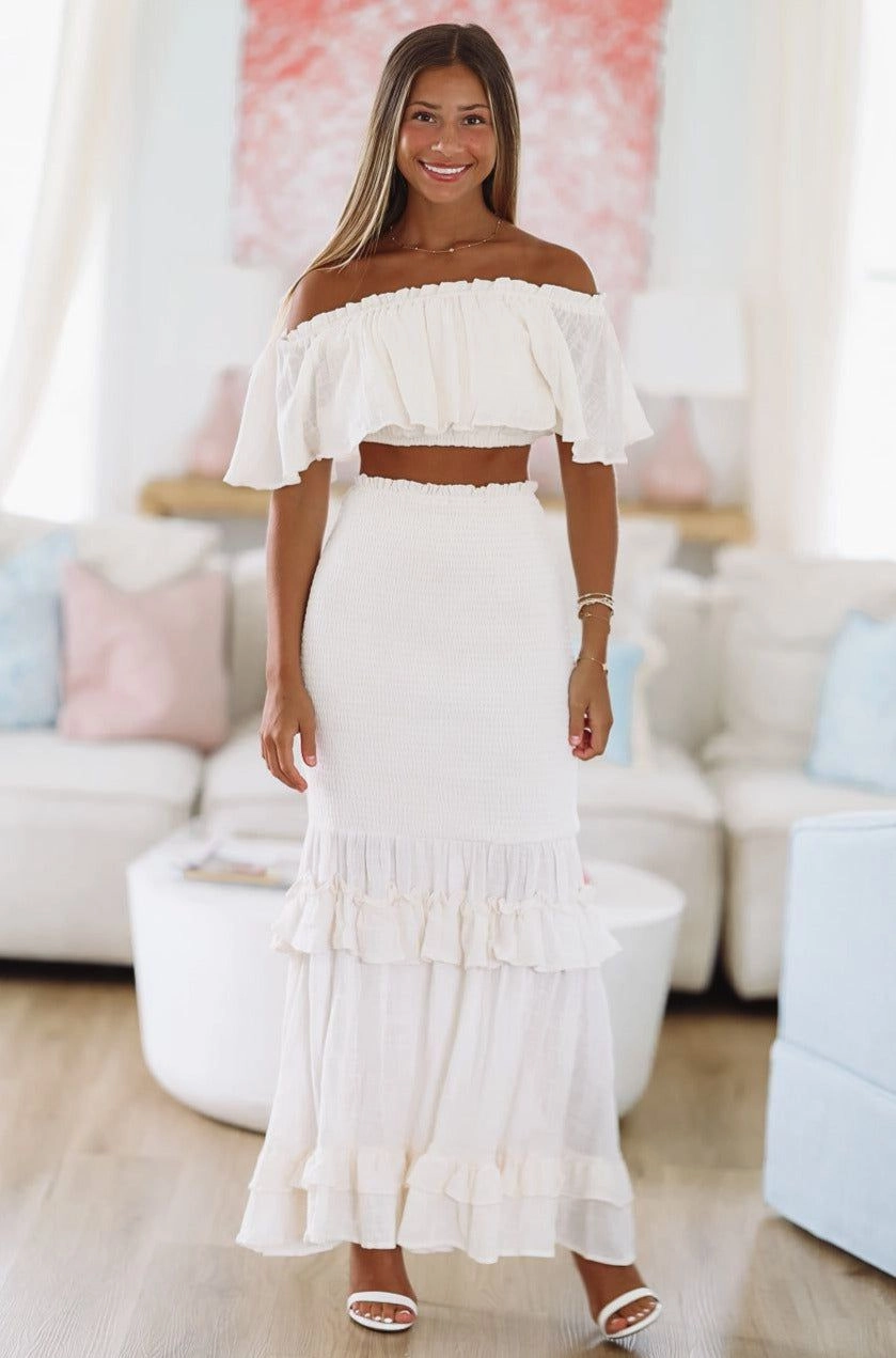 All Day Long Crop Top and Maxi Skirt Set - Cream Comfort Fit