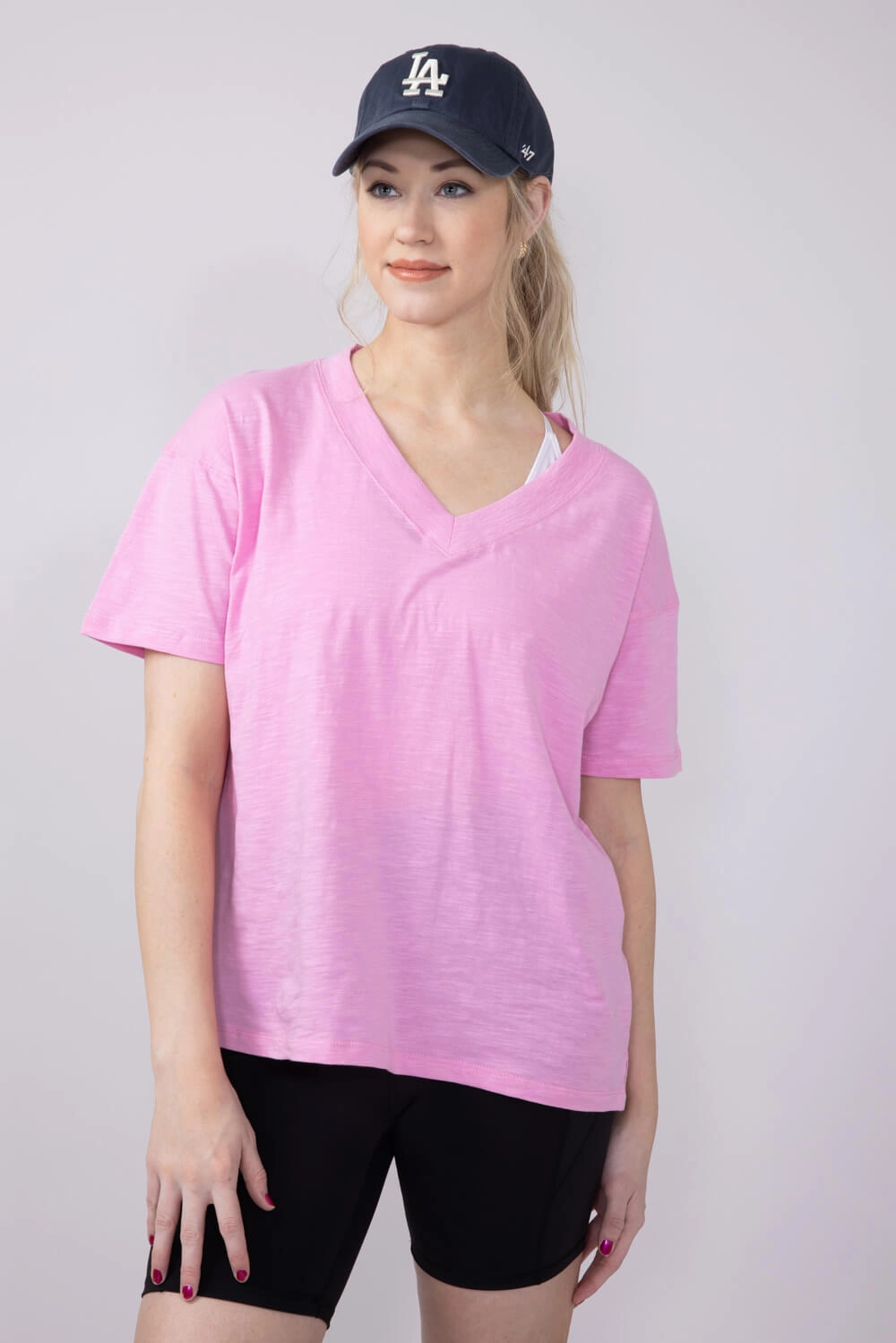 Sustainable Simply Southern Basic V-Neck Slub T-Shirt for Women in Blush | PP-0125-TEE-VNCK-BLUSH