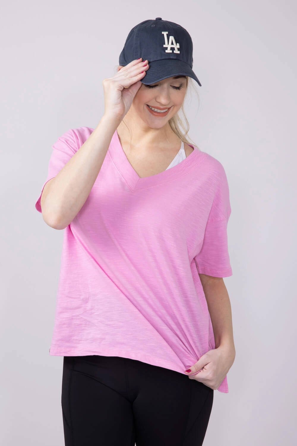 UPF Rated Fabric Simply Southern Basic V-Neck Slub T-Shirt for Women in Blush | PP-0125-TEE-VNCK-BLUSH