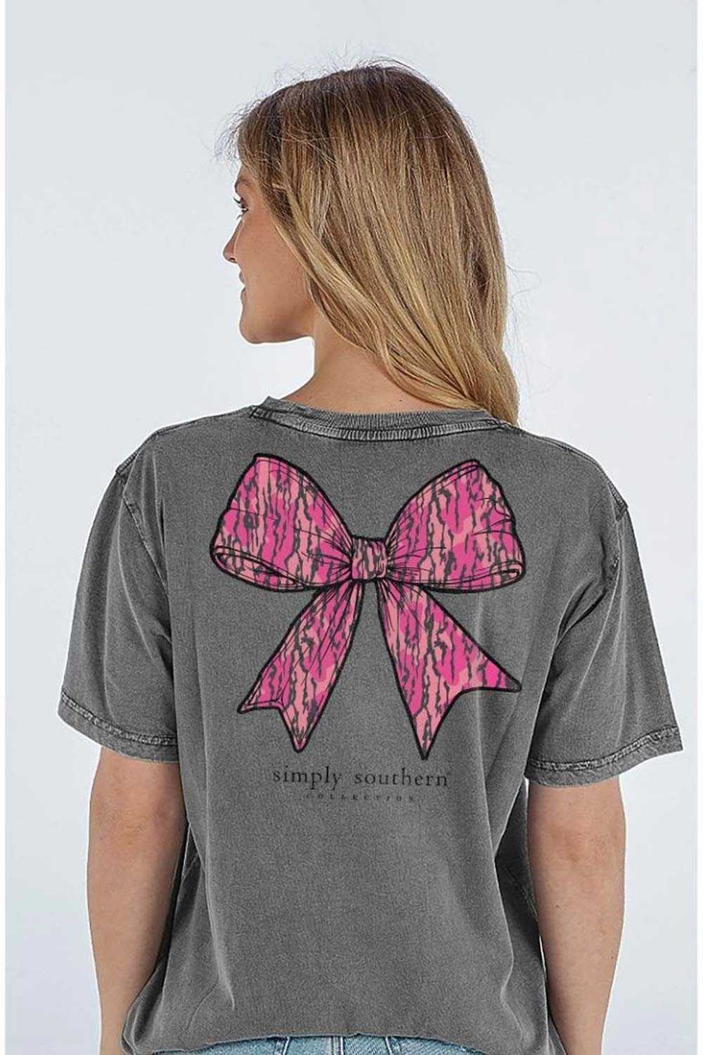Customizable Simply Southern Camo Bow Better T-Shirt for Women in Washed Coal | SS-CAMOBOW-WSHCOAL