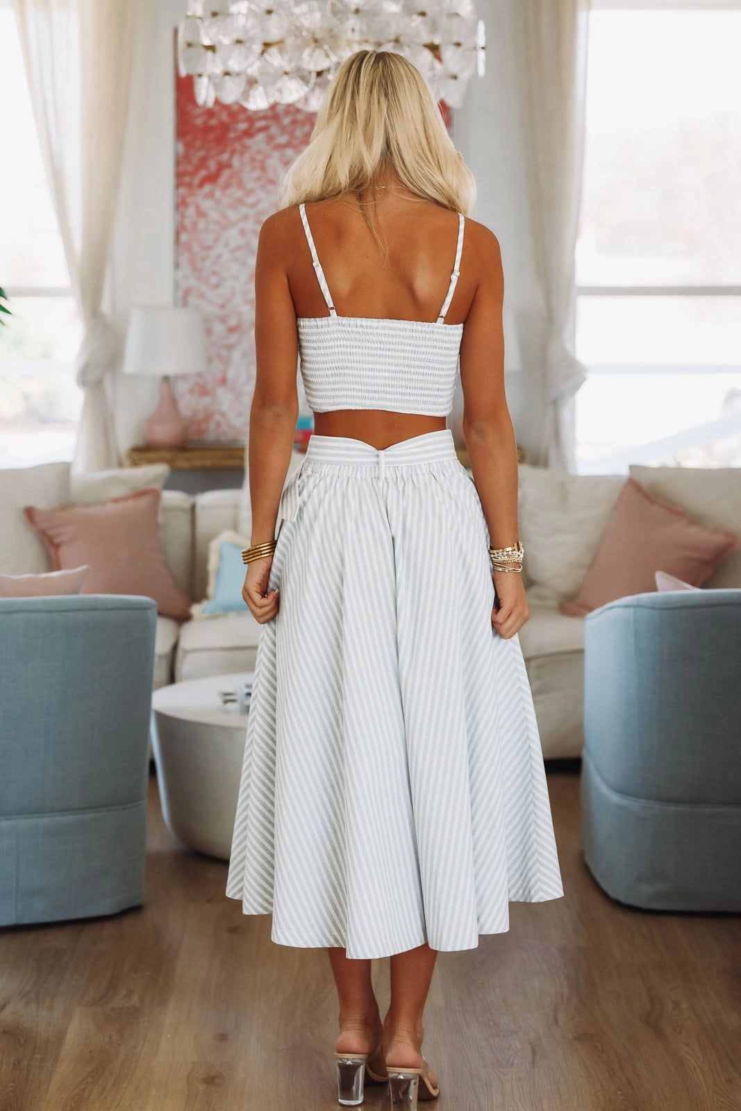 Smooth Zipper Integration Veranda Views Crop Top and Maxi Skirt Set - Blue and White