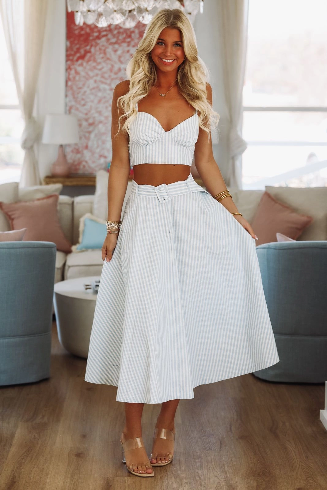 Veranda Views Crop Top and Maxi Skirt Set - Blue and White Professional Cut Reinforced Shoulder