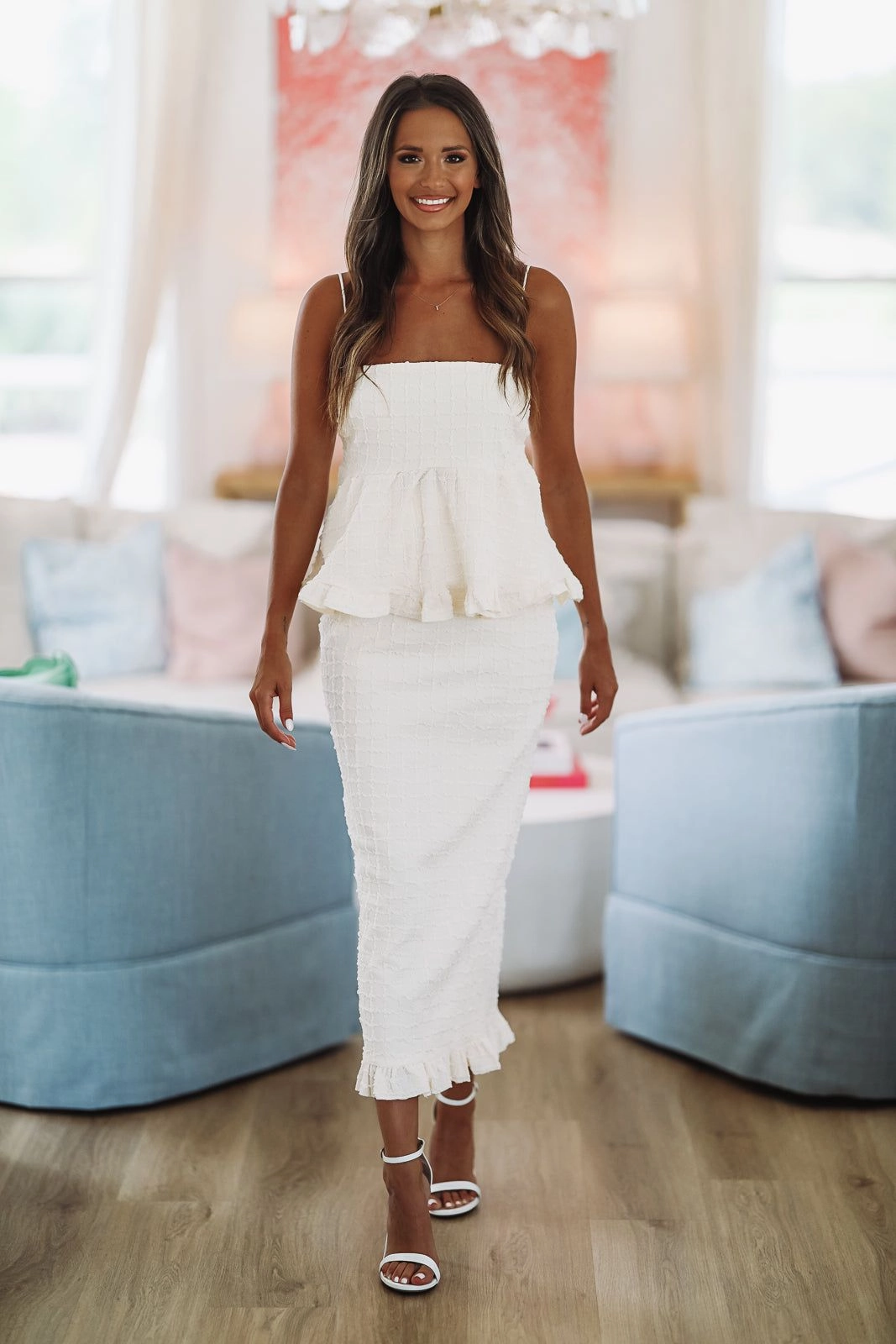 Bound Seam Edges ReflectiveAccents Another Love Crop Top and Midi Skirt Set - Cream