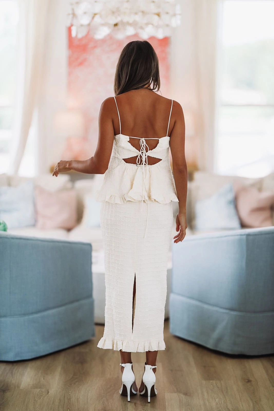 LightReflectiveTrim Bonded Seam Construction Another Love Crop Top and Midi Skirt Set - Cream