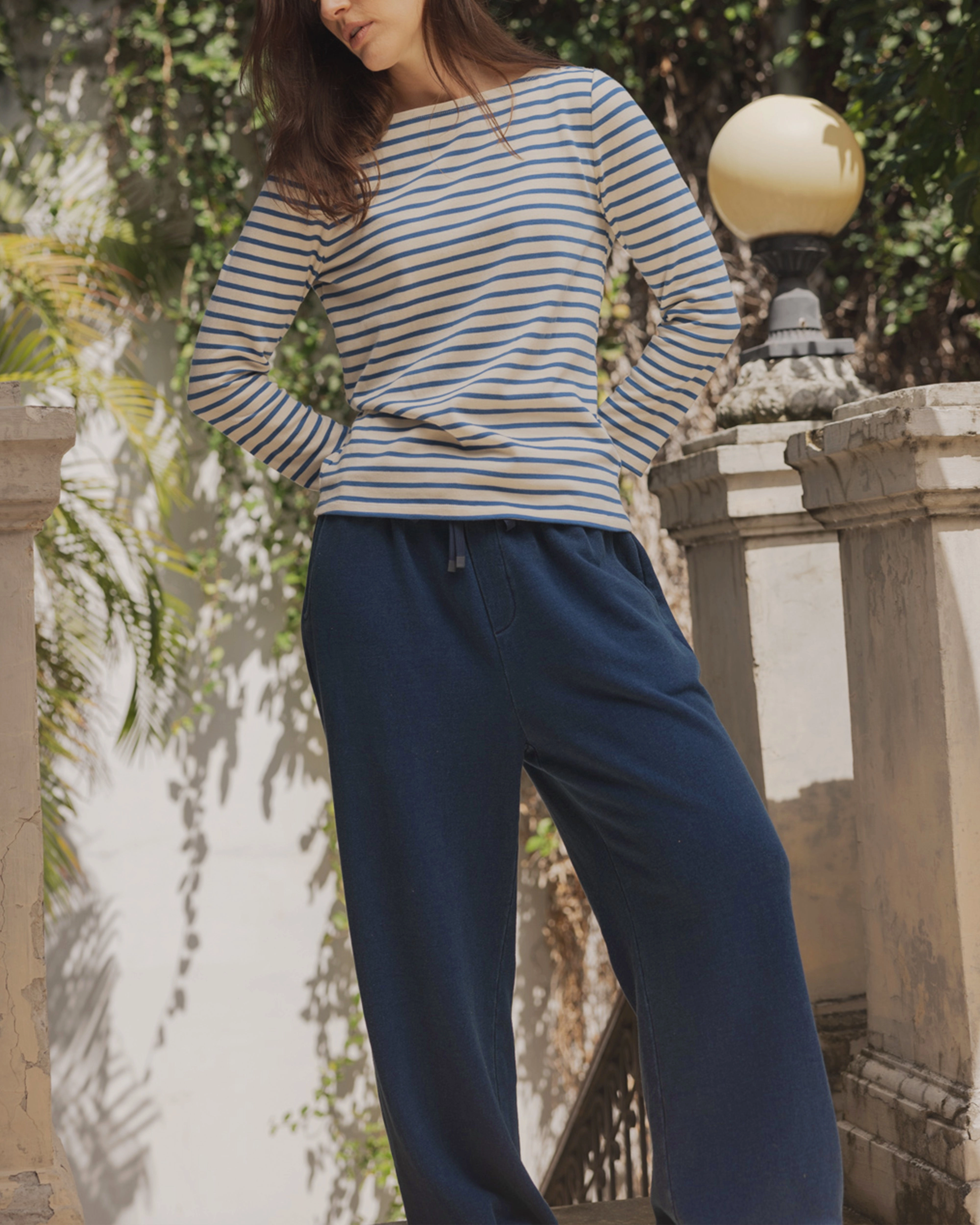 Sleek Appearance FourWayStretch Women??s Wide Leg Monterey Pant in Dark Wash Indigo Loopback Terry