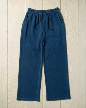 Low Profile Waistband Women??s Wide Leg Monterey Pant in Dark Wash Indigo Loopback Terry