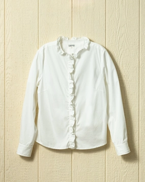 (PRE-ORDER) Ruffle Placket Shirt in White Broadcloth Flatlock Seam Technology MultiPocket Configuration