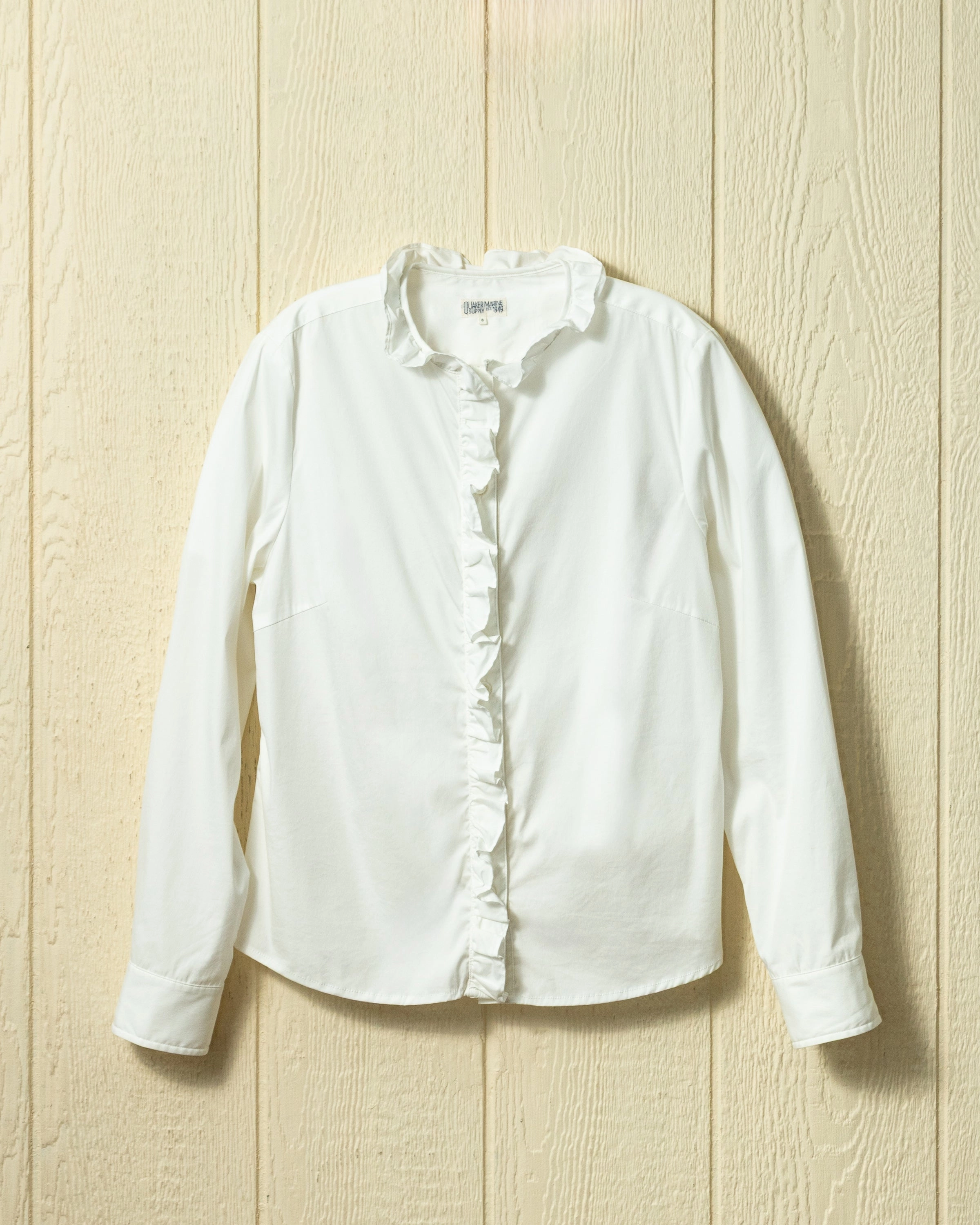 (PRE-ORDER) Ruffle Placket Shirt in White Broadcloth VentilatedArmholes