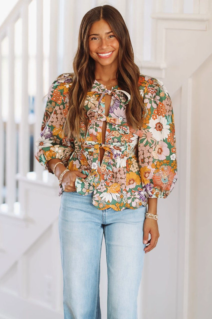 Fall Floral Harvest Bow Top - Purple, Rust, Yellow, Green FlatlockStitching EthicallySourcedMaterial