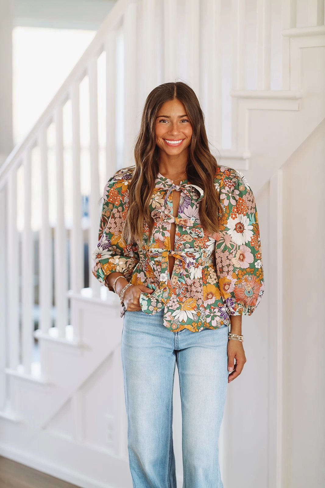 Ribbed Trim MoistureWicking Material Fall Floral Harvest Bow Top - Purple, Rust, Yellow, Green