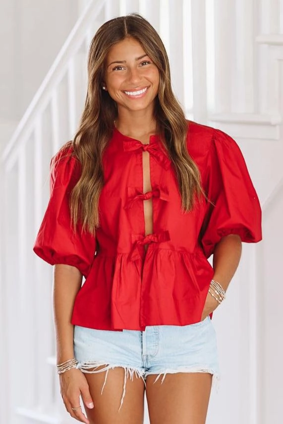 SlubTexture Stretch Material Peek-A-Bow Top - Crimson