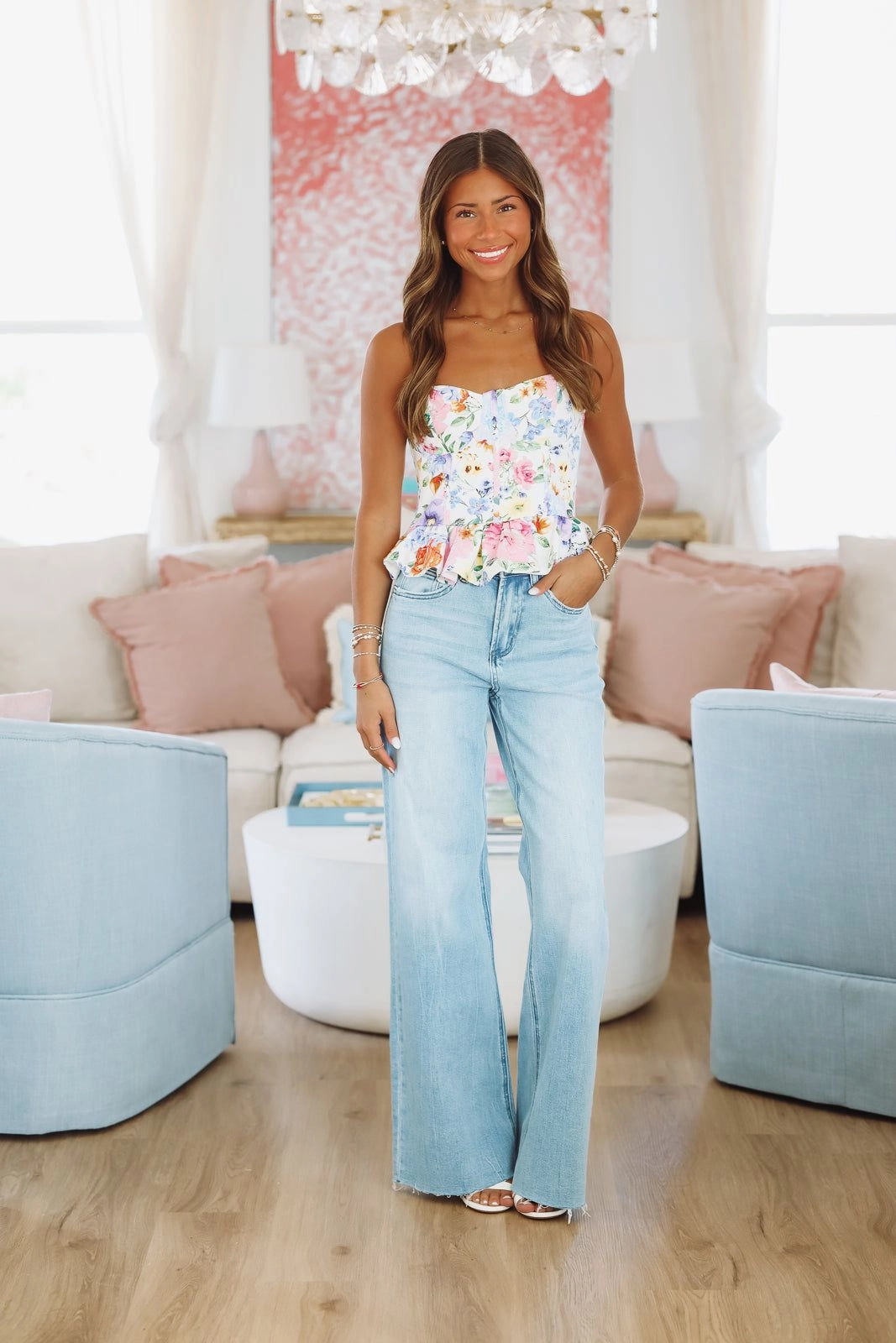 BreathableFabric Bound Edges Bad Idea Denim Corset Top - White, Blue and Pink