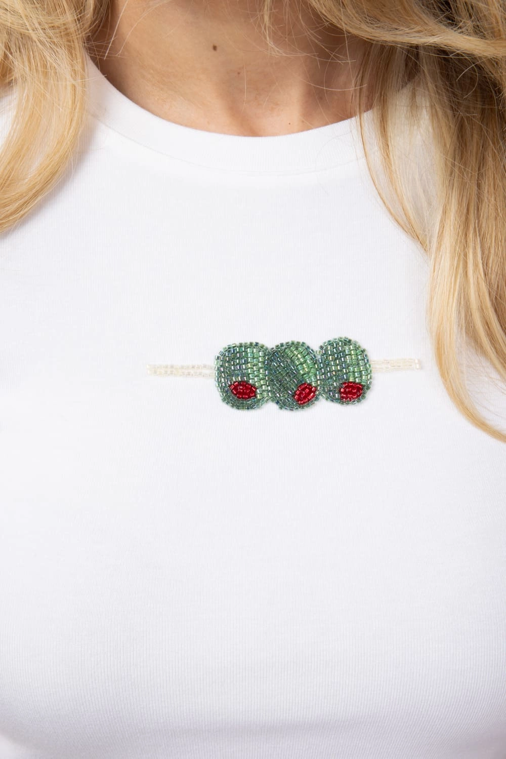 Comfy Vibes Beaded Olive T-Shirt for Women in White | PST1512-1-OFFWHITE