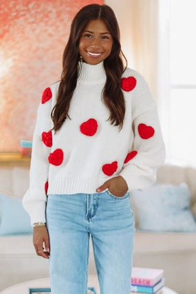 Big Hearts Sweater - White and Red Foldable Cuff Design
