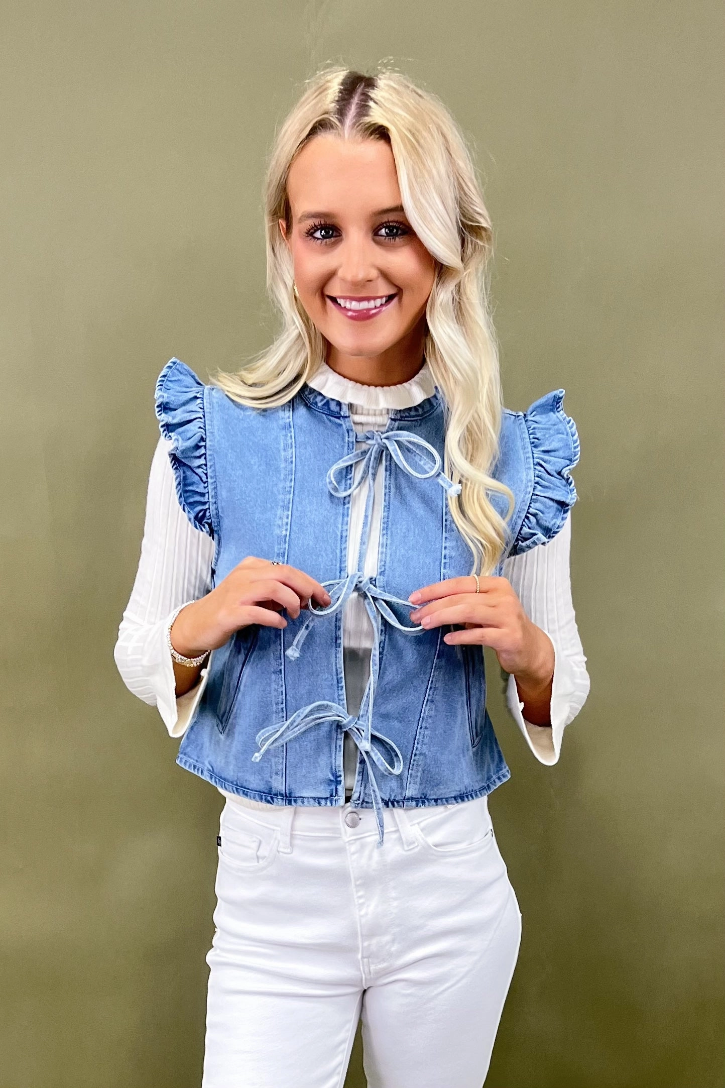 Bluebell Bow Denim Vest CompressionTechnology