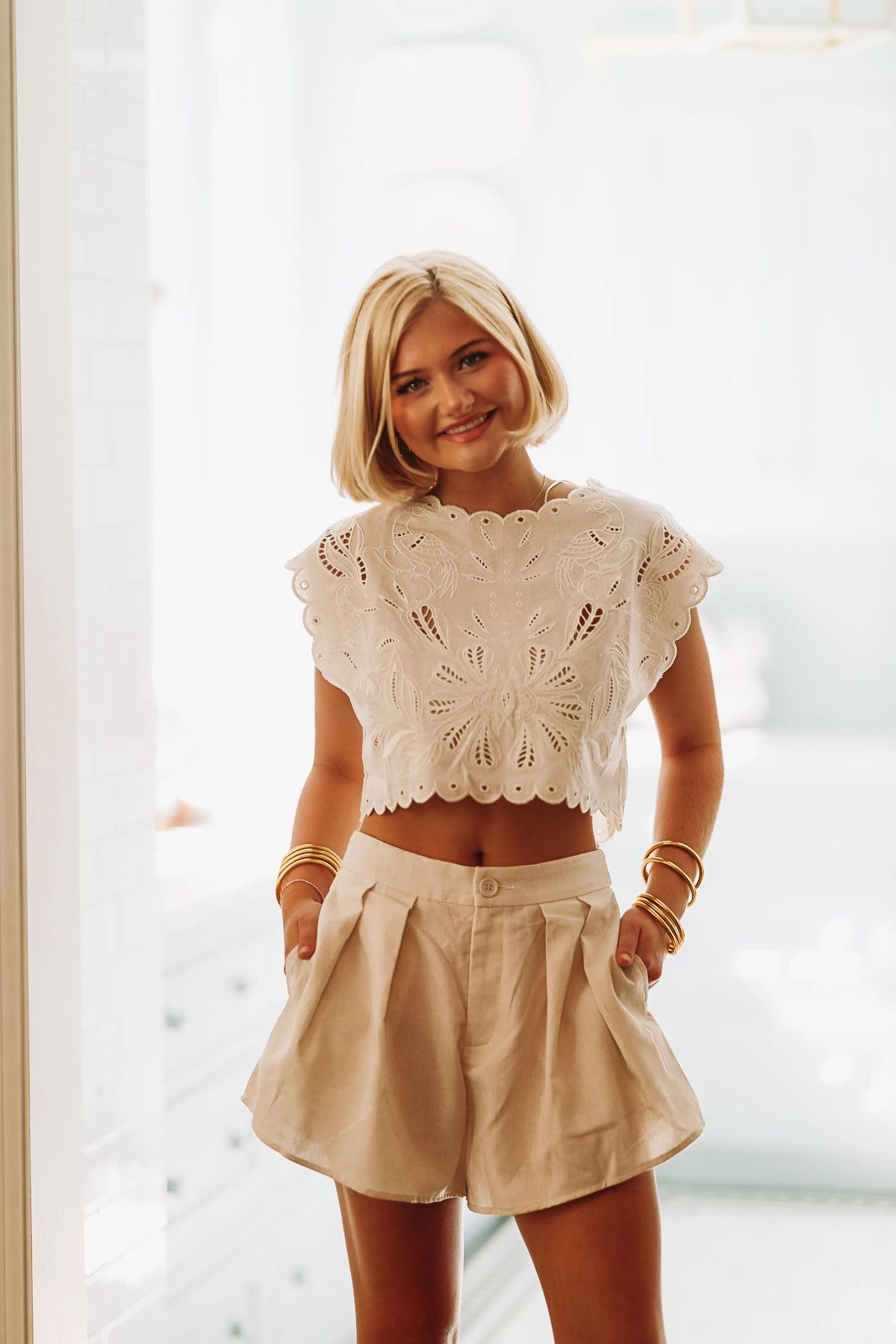 Anti Odor Treatment Sandy Beaches Crop Top and Short Set - Oatmeal