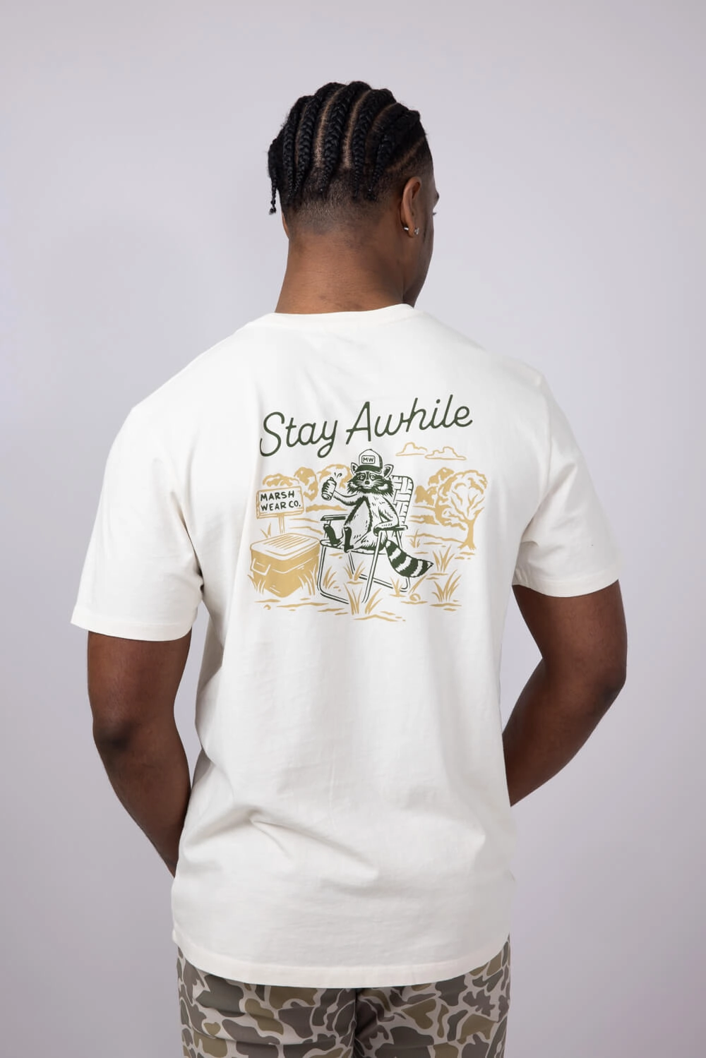 Floral Pattern Marsh Wear Stay Awhile Raccoon T-Shirt for Men in White | MWT5018-VWHT