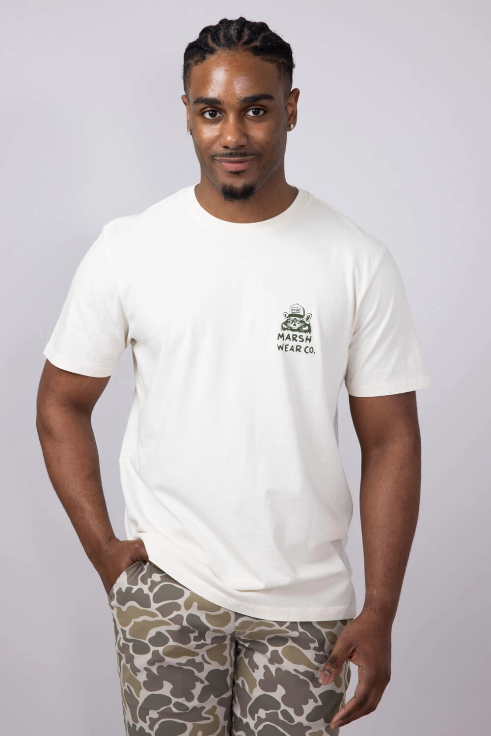 Cozy Vibes Light Trend Marsh Wear Stay Awhile Raccoon T-Shirt for Men in White | MWT5018-VWHT