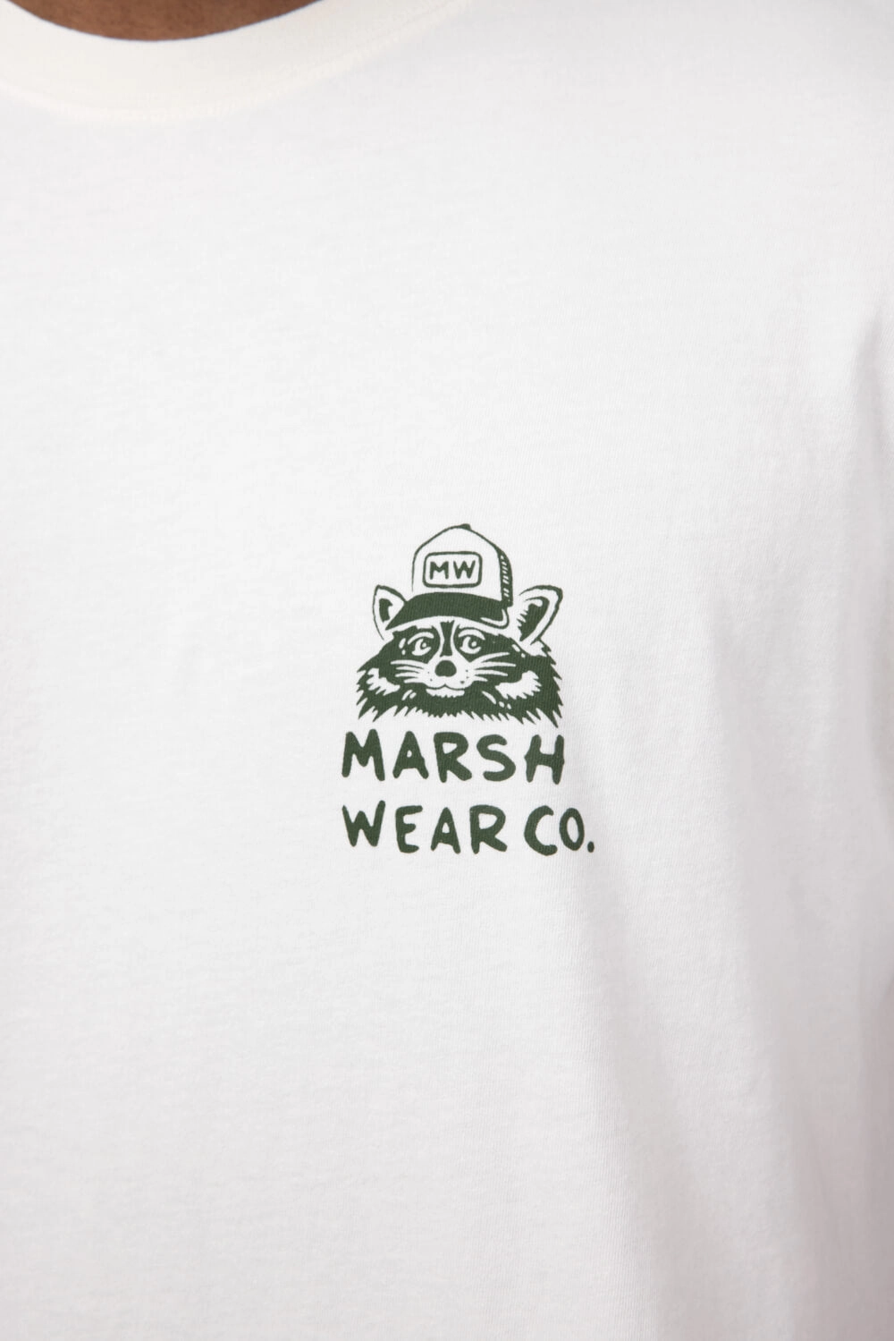 Marsh Wear Stay Awhile Raccoon T-Shirt for Men in White | MWT5018-VWHT Performance Fit Wear Micro Perforation