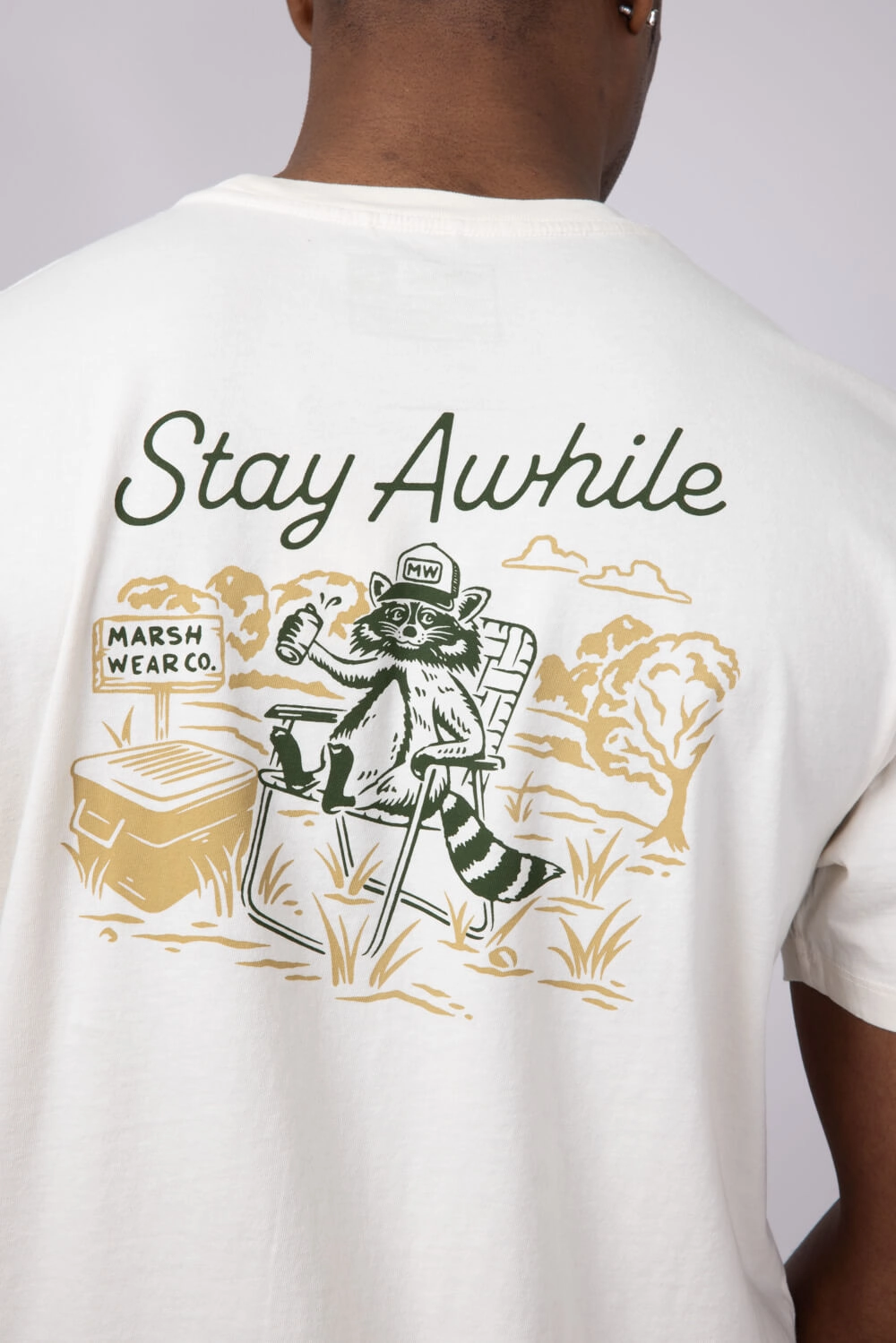 Heathered Fabric Marsh Wear Stay Awhile Raccoon T-Shirt for Men in White | MWT5018-VWHT