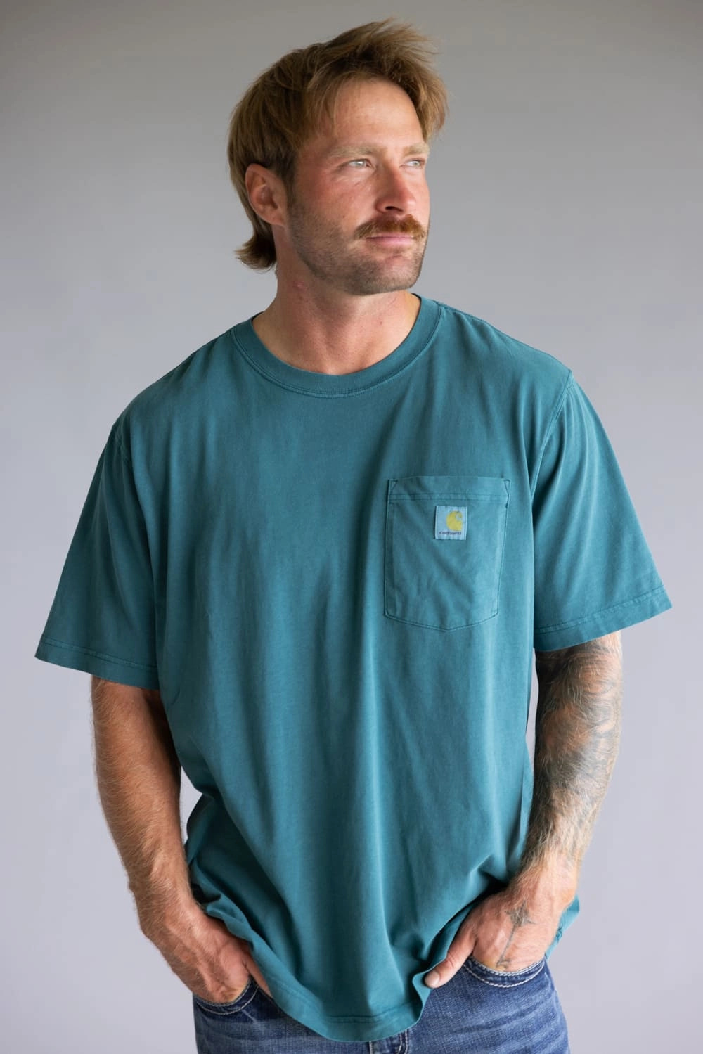 Perfectly Fit Versatile Style Carhartt Garment Dye Pocket T-Shirt for Men in Green Blue | 106252-GM1