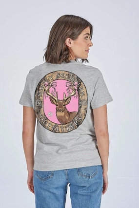 Simply Southern Camo Deer Circle T-Shirt for Women in Heather Grey | SS-DEERLY-STORMHTHR Reinforced Neckline