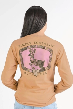 Layered Wear Light Casual Simply Southern Camo Deer Long Sleeve T-Shirt for Women in Brown | LS-CAMODEER-BISQUE