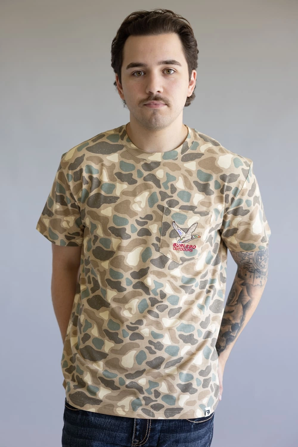 Thermal Regulation Fabric Burlebo Chest Pocket T-Shirt for Men in Pintail Camo | SST-SS - FLYING MALLARD POCKET