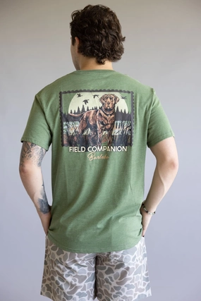 V neck elegance Everyday Look Burlebo Duck Dog Stamp T-Shirt for Men in Heather Olive | SST-DDST-HO-DUCKDOGSTAMP-HEATHEROLIV