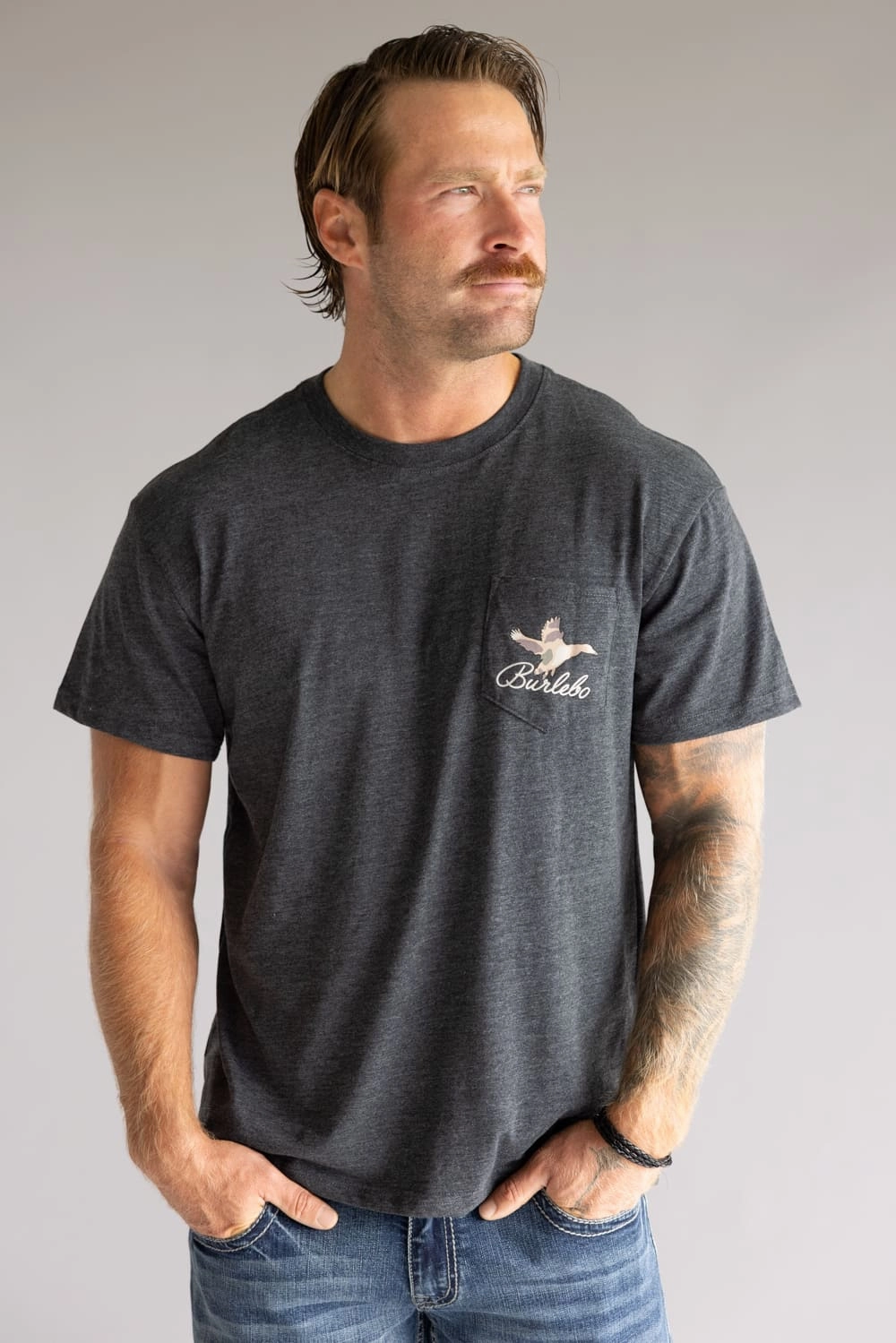 Versatile Design Burlebo Ducks Flying In T-Shirt for Men in Heather Black | SST-DFI-HB-DUCKSFLYINGIN-HEATHERBLAC