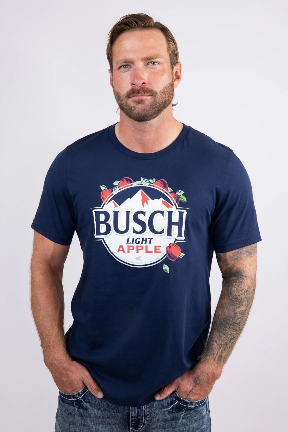 Ruffled edges Casual Everyday Busch Light Apple Logo T-Shirt for Men in Navy | 15646-802