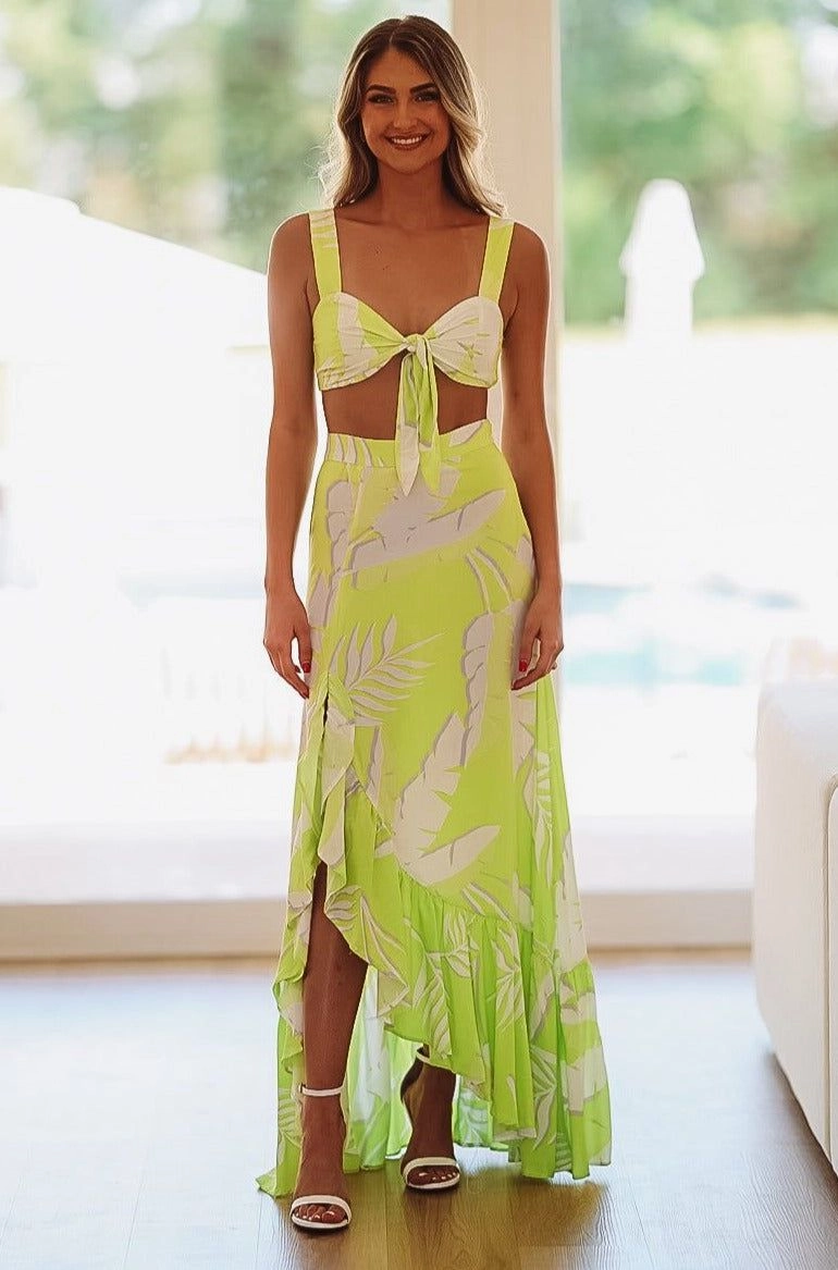 Go With the Flow Maxi Skirt - Lime Green and White Clean Style Vibrant color